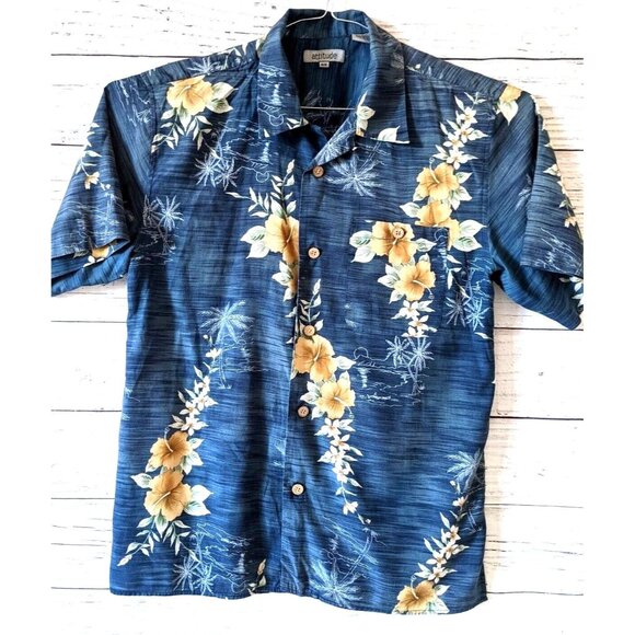 Attitude Hawaiian Silk Men's Shirt Blue Hibiscus Floral Button Down Size M - Picture 1 of 9